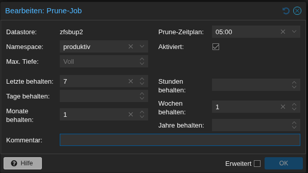 Screenshot: Retention-Regel einstellen