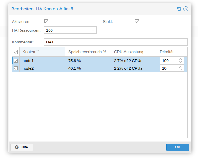 Screenshot: Knotenaffinität