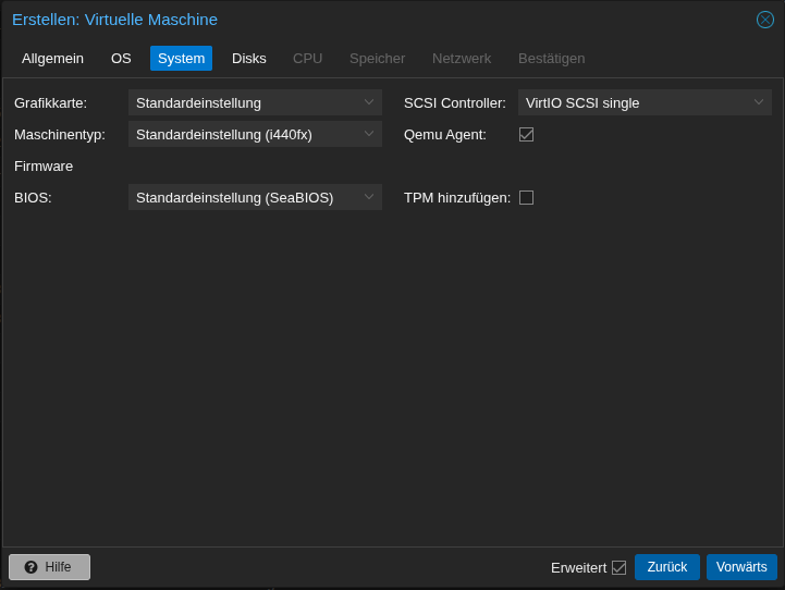 Screenshot: Dialog VM erstellen/System